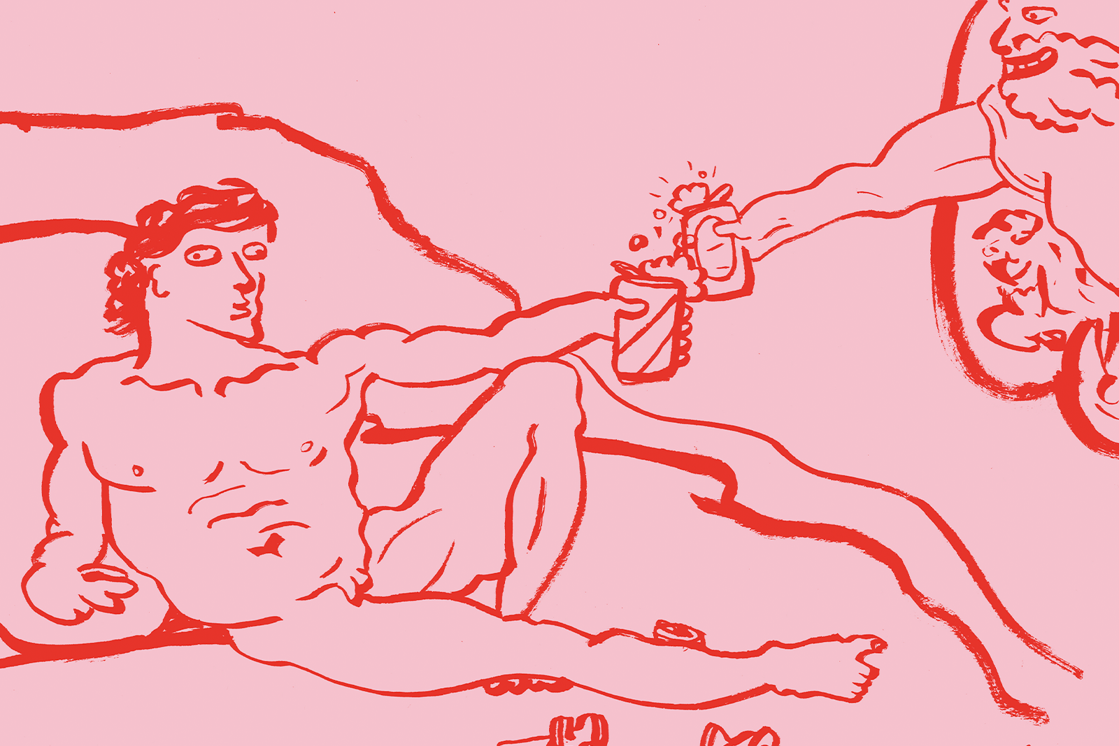 Crush Beer-zine God Adam illustration. pink background with red 