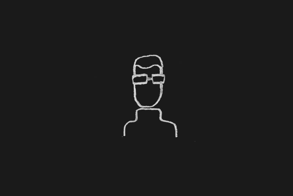 white line animated illustration on a black background of a graphic designer and skull.