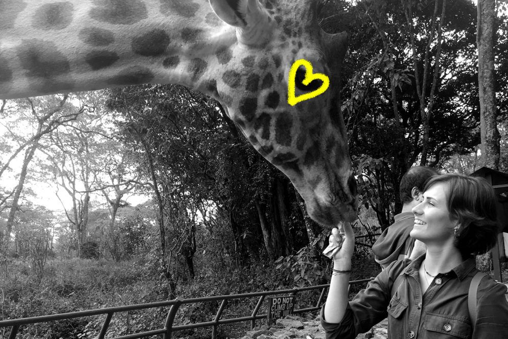O Street designer, Tessa Simpson kisses a Giraffe in Nairobi, Kenya for BuildX and Buildher branding project.