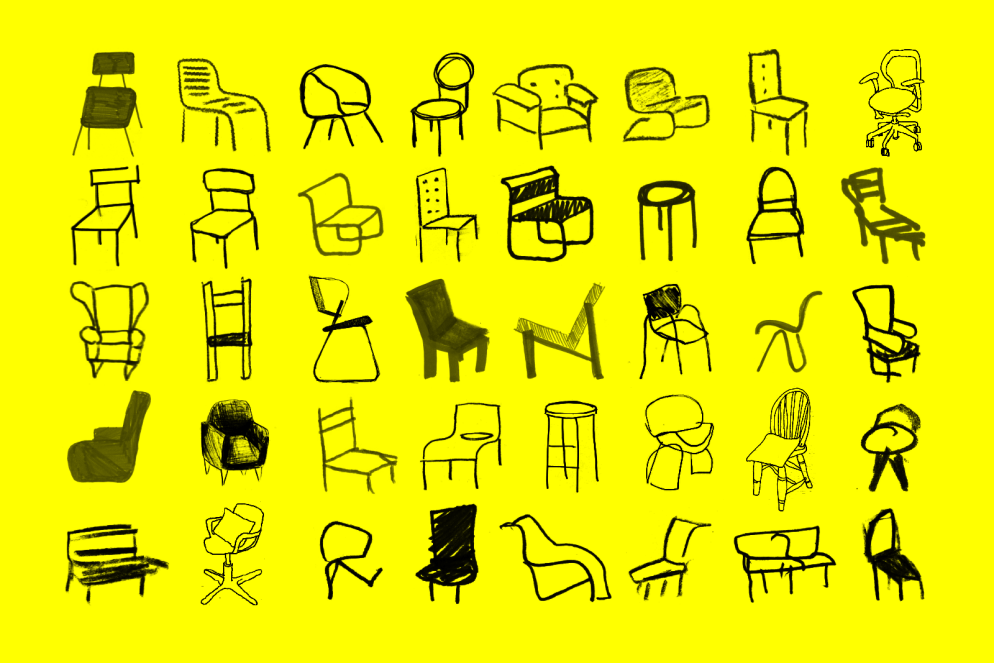 Doctors + Designers = Infix Support. hand-drawn chairs on yellow background